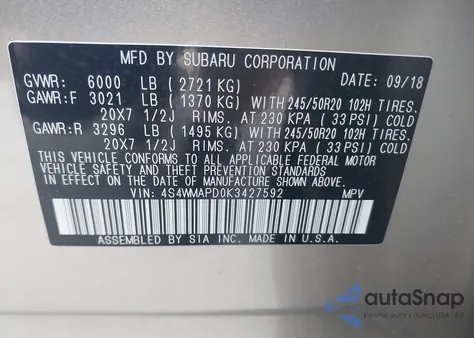 2019 Subaru Ascent Limited z USA, uszkodzony, nr VIN 4S4WMAPD0K3427592